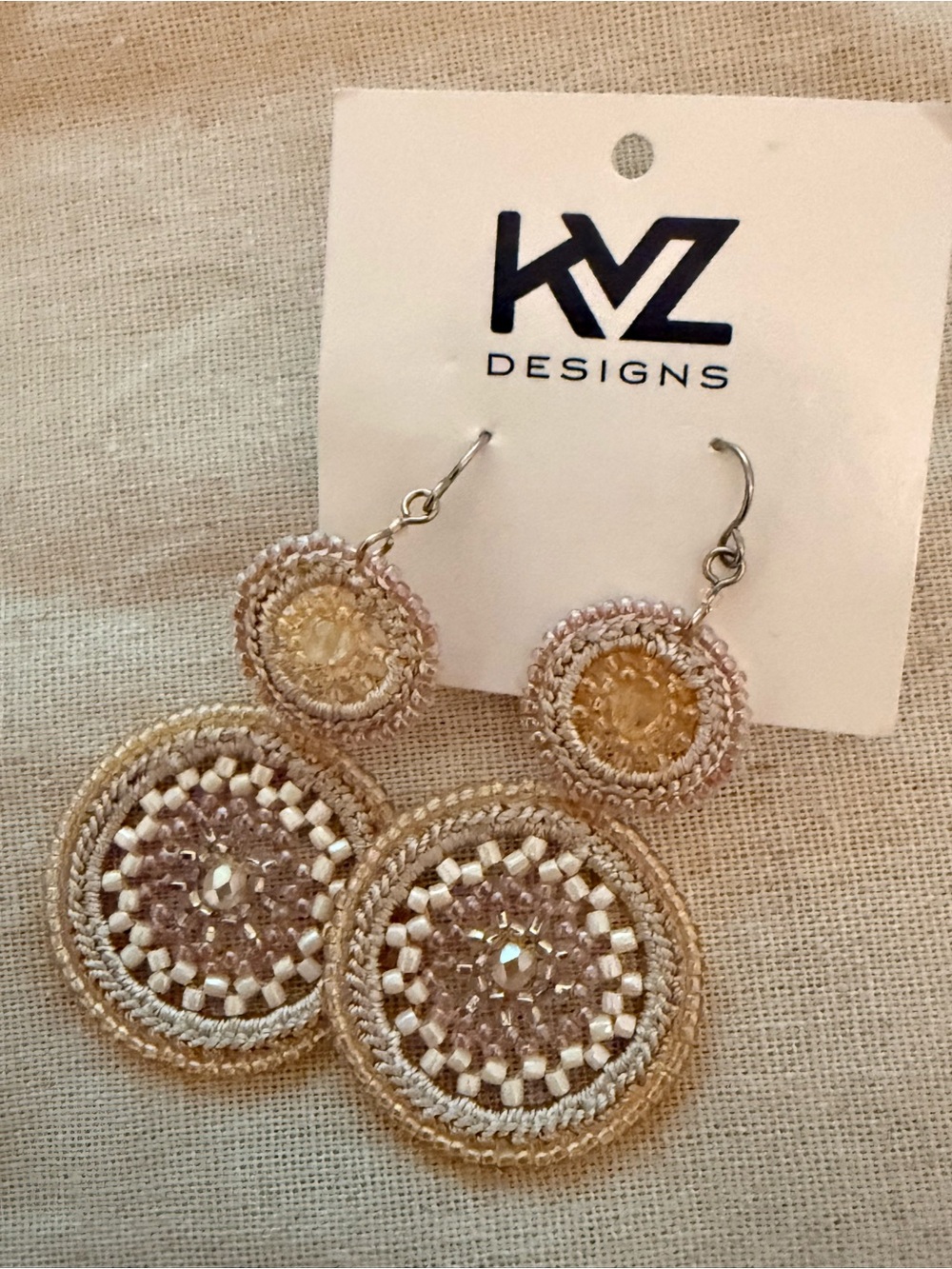 Woven Beige and Gold Beaded Circle Drop Earrings